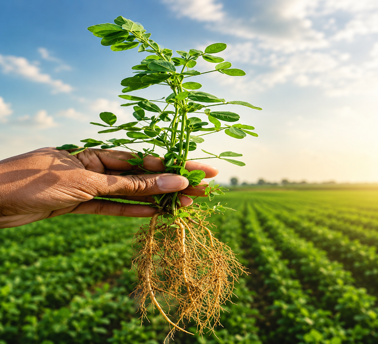 Hand holding young plant with healthy root system against green field
